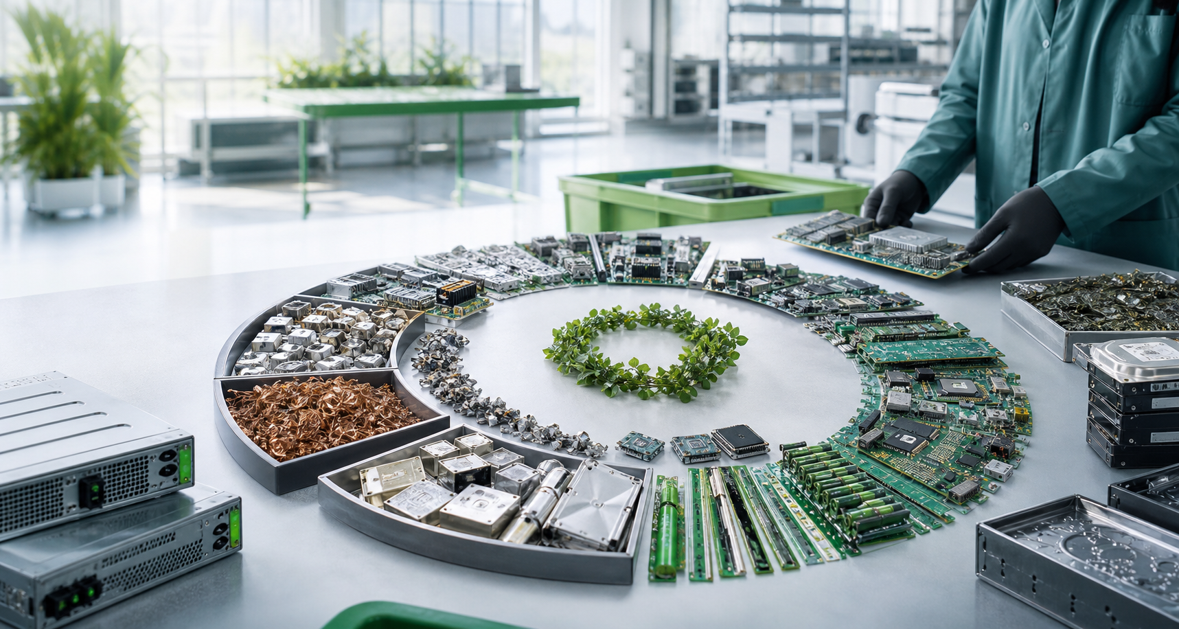 Organized recovered electronics and circuit boards in a clean recycling facility